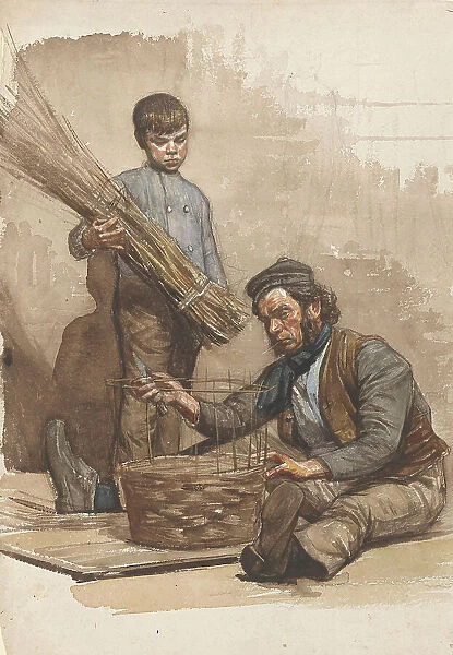 Seated basket weaver with standing boy, 1874-1925. Creator: Jan Veth