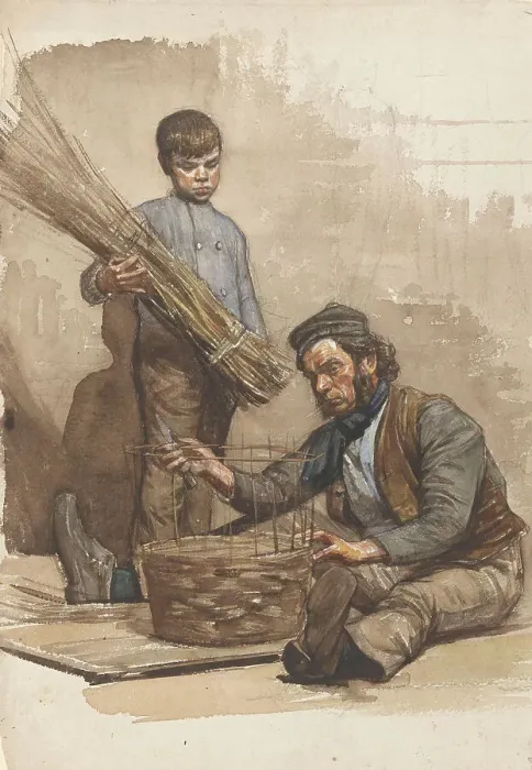 Framed Print : Seated basket weaver with standing boy, 1874-1925. Creator: Jan Veth Framed Print : Seated basket weaver with standing boy, 1874-1925. Creator: Jan Veth