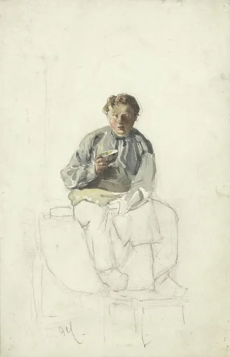 Framed Print : Seated boy with a cup, 1860-1921. Creator: Adolf le Comte Framed Print : Seated boy with a cup, 1860-1921. Creator: Adolf le Comte