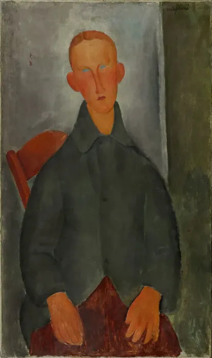 Framed Print : Seated boy with red hair and grey jacket Framed Print : Seated boy with red hair and grey jacket