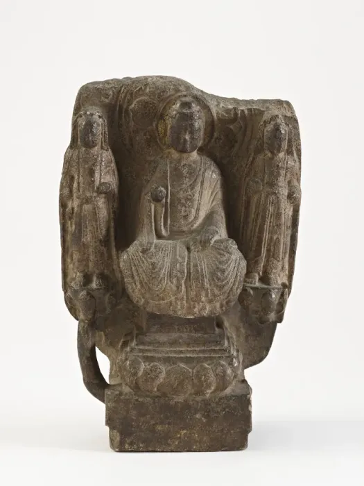 Framed Print : Seated Buddha with bodhisattvas (fragment), Sui dynasty, 581-618. Creator: Unknown Framed Print : Seated Buddha with bodhisattvas (fragment), Sui dynasty, 581-618. Creator: Unknown