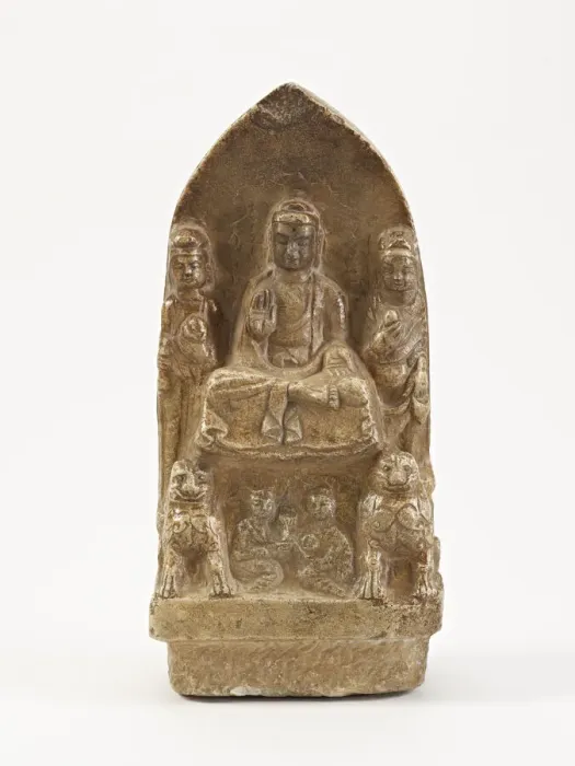 Framed Print : Seated Buddha with bodhisattvas, lions, and figures, Period of Division, possibly 534-557 Framed Print : Seated Buddha with bodhisattvas, lions, and figures, Period of Division, possibly 534-557