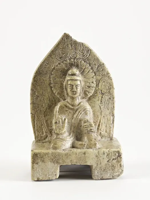 Framed Print : Seated Buddha with figures, Period of Division, possibly 386-535. Creator: Unknown Framed Print : Seated Buddha with figures, Period of Division, possibly 386-535. Creator: Unknown
