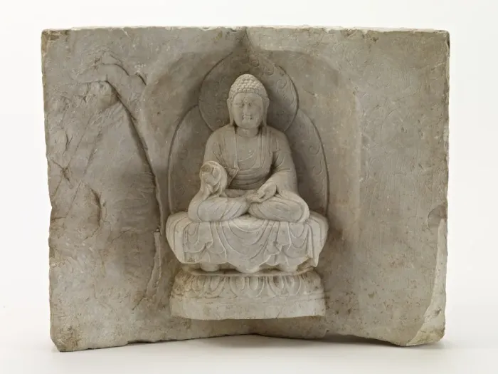 Framed Print : Seated Buddha with a standing monk, Tang dynasty, first half 8th century