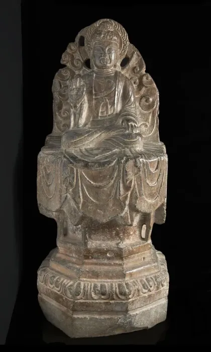 Framed Print : Seated Buddhist figure: high octagonal pedestal and perforated Framed Print : Seated Buddhist figure: high octagonal pedestal and perforated