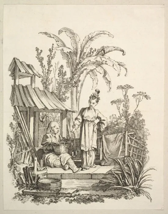 Framed Print : A Seated Chinese Man and a Woman Carrying a Fish, ca. 1742. Creator: Gabriel Huquier Framed Print : A Seated Chinese Man and a Woman Carrying a Fish, ca. 1742. Creator: Gabriel Huquier