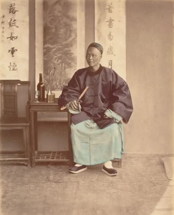 Framed Print : [Seated Chinese Woman with Fan], 1870s. Creator: Baron Raimund von Stillfried