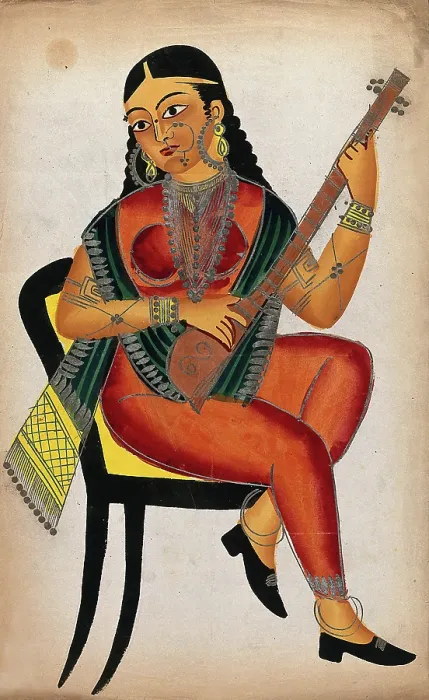 Framed Print : A seated courtesan playing a sitar. Creator: Unknown Framed Print : A seated courtesan playing a sitar. Creator: Unknown