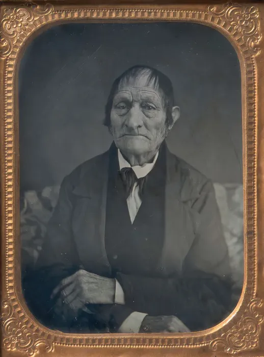 Framed Print : Seated Elderly Man with Arms Crossed, 1850s. Creator: Unknown Framed Print : Seated Elderly Man with Arms Crossed, 1850s. Creator: Unknown