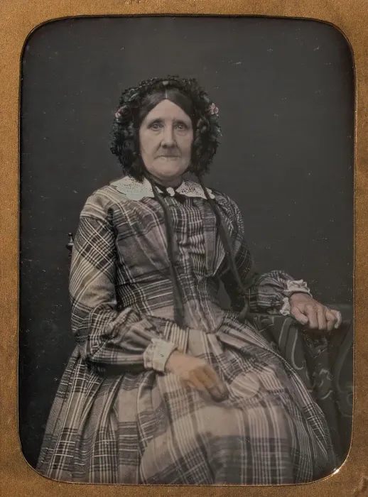 Framed Print : Seated Elderly Woman Wearing Plaid Dress and Bonnet, 1854-60. Creator: William Hardy Kent Framed Print : Seated Elderly Woman Wearing Plaid Dress and Bonnet, 1854-60. Creator: William Hardy Kent