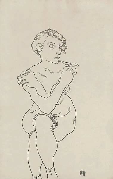 Seated female nude, arms and legs crossed, 1918. Artist: Schiele, Egon (1890-1918)