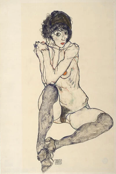 Seated Female Nude, Elbows Resting on Right Knee, 1914. Creator: Schiele, Egon (1890-1918)