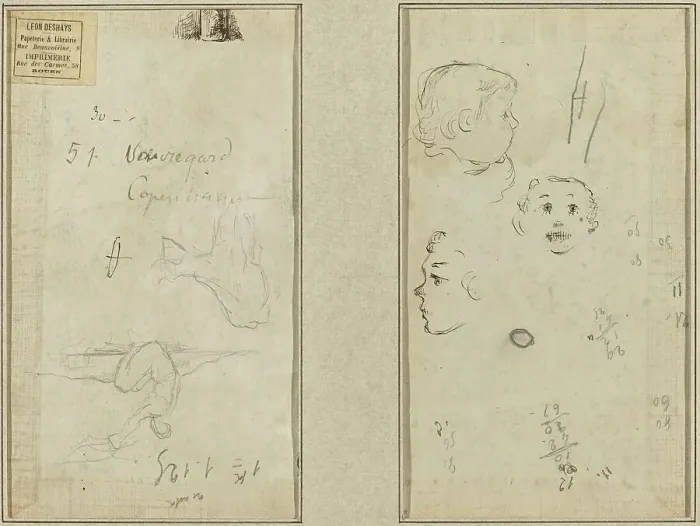 Framed Print : Seated Figure and a Cow; Three Studies of a Child's Head, 1884-1888. Creator: Paul Gauguin Framed Print : Seated Figure and a Cow; Three Studies of a Child's Head, 1884-1888. Creator: Paul Gauguin