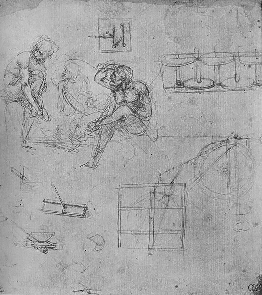Three Seated Figures and Studies of Machinery, 1480-1481 (1945). Artist: Leonardo da Vinci