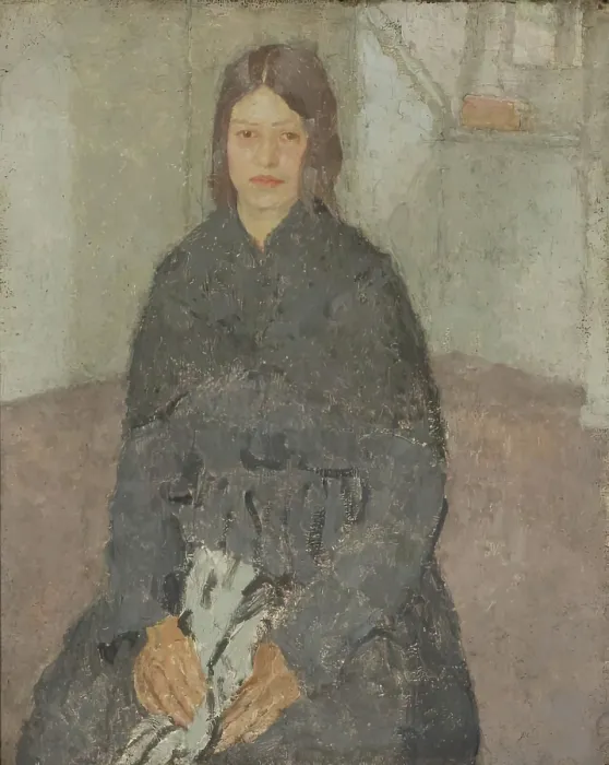 Framed Print : Seated Girl Holding a Piece of Sewing, 1915-1925. Creator: Gwendolen Mary John