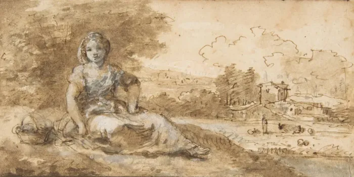 Framed Print : Seated Girl in a Landscape, 1702-88. Creator: Francesco Zuccarelli Framed Print : Seated Girl in a Landscape, 1702-88. Creator: Francesco Zuccarelli