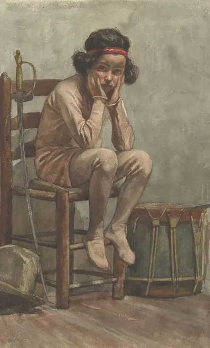 Framed Print : Seated girl in leotard with military props, 1870-1923. Creator: Willem Witsen Framed Print : Seated girl in leotard with military props, 1870-1923. Creator: Willem Witsen