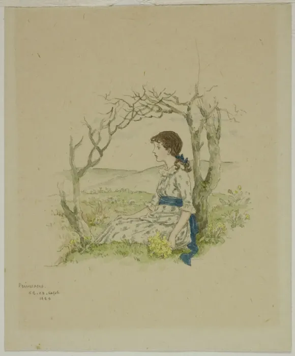 Framed Print : Seated Girl with Primroses, 1886. Creator: Catherine Greenaway Framed Print : Seated Girl with Primroses, 1886. Creator: Catherine Greenaway