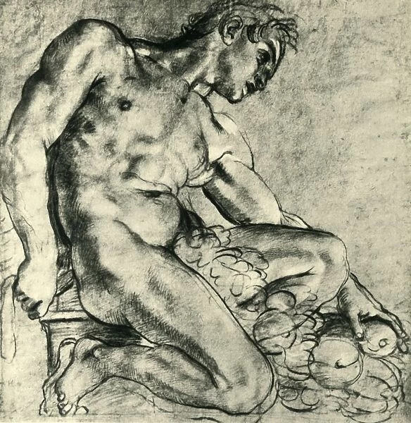 A Seated Ignudo with a Garland, 1598-1599, (1943). Creator: Annibale Carracci