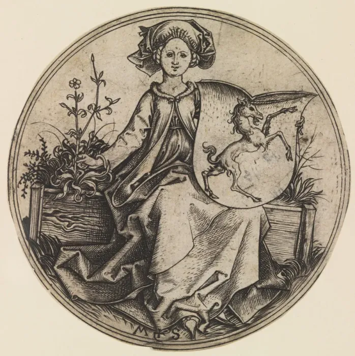 Framed Print : Seated Lady Holding a Shield with an Unicorn, ca. 1435-1491. ca. 1435-1491 Framed Print : Seated Lady Holding a Shield with an Unicorn, ca. 1435-1491. ca. 1435-1491