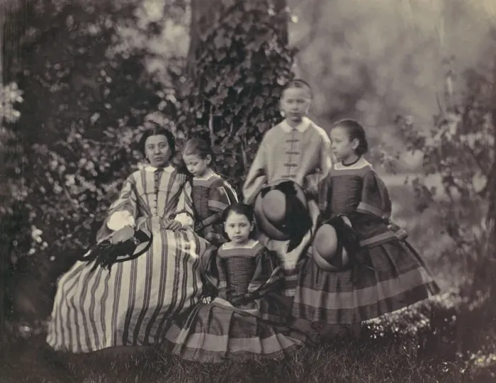 Framed Print : [Seated Lady in Striped Dress with Four Little Girls], 1850s-60s. Creator: Franz Antoine
