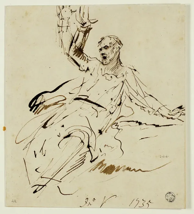 Framed Print : Seated Male Figure with Raised Arm, 1735. Creator: John Vanderbank Framed Print : Seated Male Figure with Raised Arm, 1735. Creator: John Vanderbank