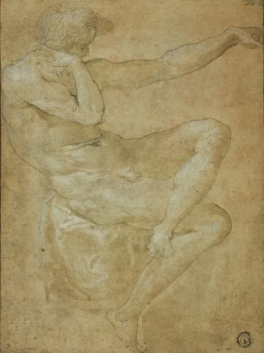 Framed Print : Seated Male Nude with Outstretched Left Arm, n.d. Creator: Unknown Framed Print : Seated Male Nude with Outstretched Left Arm, n.d. Creator: Unknown
