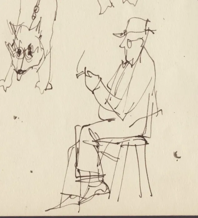 Framed Print : Seated man and dog studies, c1950. Creator: Shirley Markham
