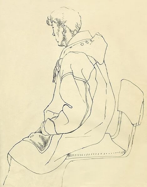 Seated man in duffel coat, c1952. Creator: Shirley Markham