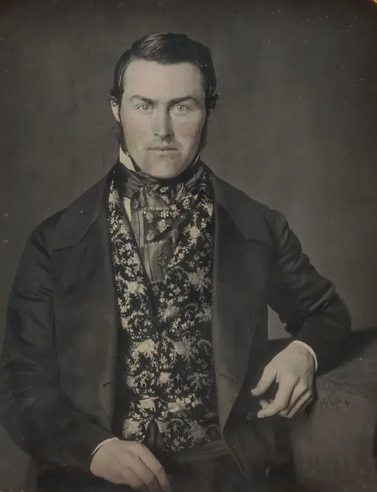Framed Print : Seated Man in Floral Vest, 1840s-50s. Creators: W. & F