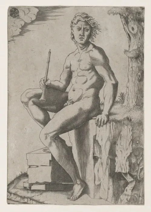 Framed Print : Seated Man Holding a Flute, ca. 1500-1550. Creator: Marcantonio Raimondi Framed Print : Seated Man Holding a Flute, ca. 1500-1550. Creator: Marcantonio Raimondi