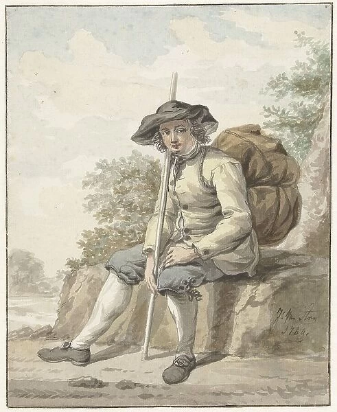 Seated man with a knapsack and a stick, 1784. Creator: Jacob van Strij
