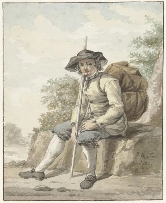 Framed Print : Seated man with a knapsack and a stick, 1784. Creator: Jacob van Strij Framed Print : Seated man with a knapsack and a stick, 1784. Creator: Jacob van Strij