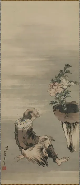 Framed Print : A Seated Man Looking at Potted Peonies, late 18th-early 19th century. Creator: Hokusai Framed Print : A Seated Man Looking at Potted Peonies, late 18th-early 19th century. Creator: Hokusai