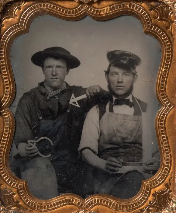 Framed Print : Two Seated Men with Calipers, T-Square, and Compass, 1870s-80s. Creator: Unknown Framed Print : Two Seated Men with Calipers, T-Square, and Compass, 1870s-80s. Creator: Unknown