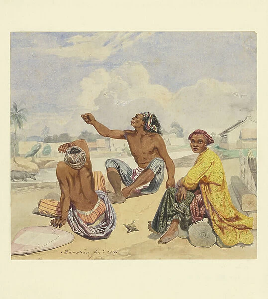 Three seated men at a kali (village), 1841. Creator: Ernest Alfred Hardouin