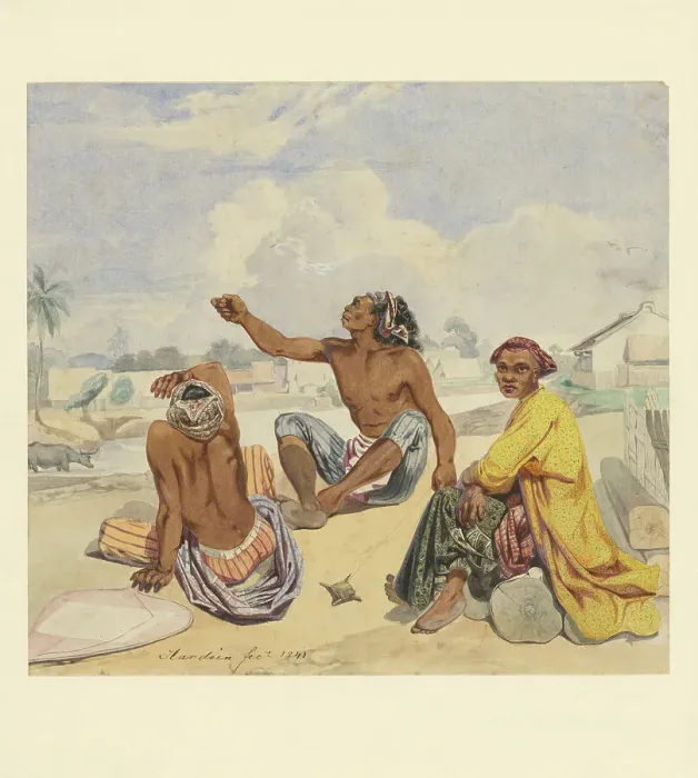 Framed Print : Three seated men at a kali (village), 1841. Creator: Ernest Alfred Hardouin Framed Print : Three seated men at a kali (village), 1841. Creator: Ernest Alfred Hardouin