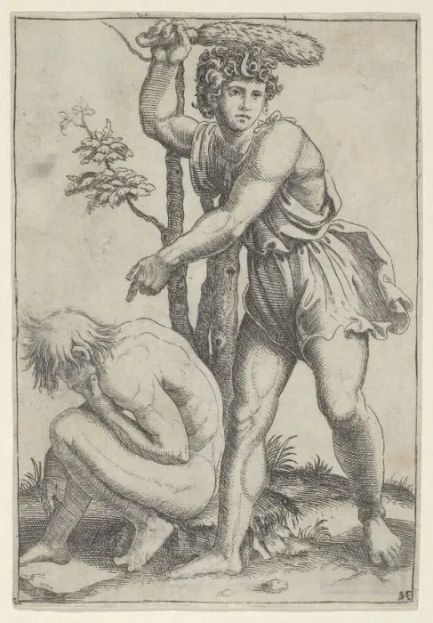 Framed Print : The seated naked man at left being beaten with a foxs tail, ca. 1510-27. Creator: Marcantonio Raimondi Framed Print : The seated naked man at left being beaten with a foxs tail, ca. 1510-27. Creator: Marcantonio Raimondi