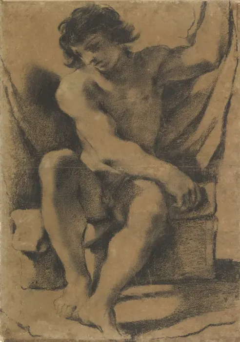 Framed Print : Seated Nude Young Man in Nearly Frontal View, ca. 1618. Creator: Guercino Framed Print : Seated Nude Young Man in Nearly Frontal View, ca. 1618. Creator: Guercino