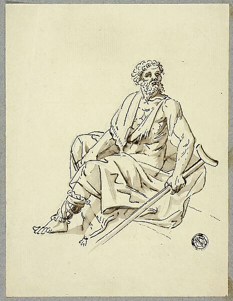 Seated Old Man with Crutch, n.d. Creator: Hans Heinrich Meyer