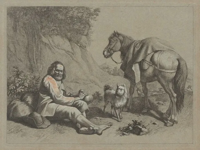 Framed Print : Seated Old Man about to Drink from a Gourd, c. 1763. Creator: Francesco Londonio Framed Print : Seated Old Man about to Drink from a Gourd, c. 1763. Creator: Francesco Londonio