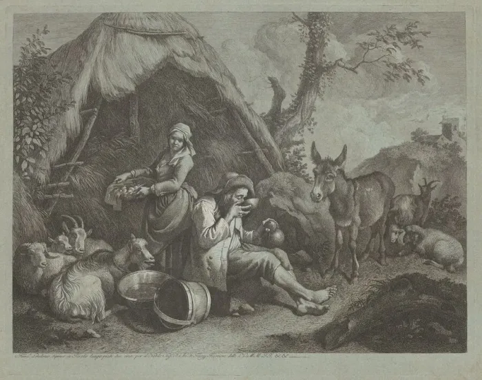 Framed Print : Seated Old Man and Woman with a Basket of Eggs, 1759 / 1782. Creator: Francesco Londonio Framed Print : Seated Old Man and Woman with a Basket of Eggs, 1759 / 1782. Creator: Francesco Londonio