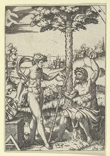 Seated old shepard gesturing towards the sky and speaking to nude male surrounded... ca. 1500-1600. Creator: Anon