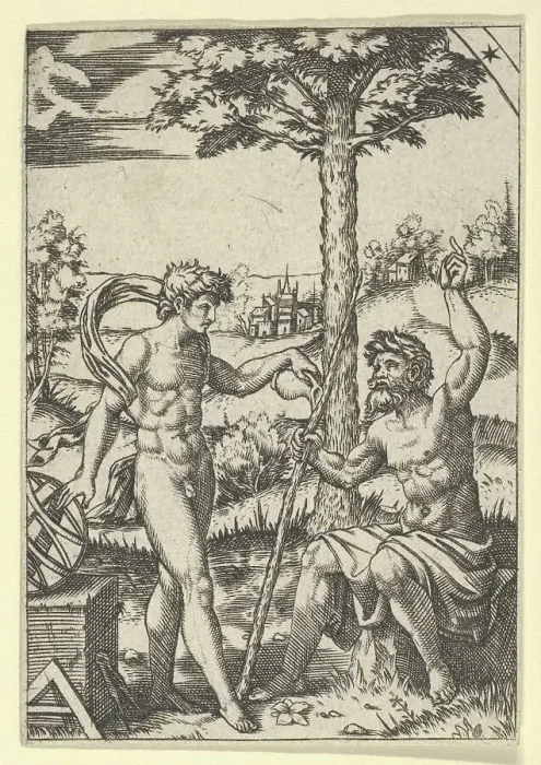 Framed Print : Seated old shepard gesturing towards the sky and speaking to nude male surrounded... ca. 1500-1600. Creator: Anon Framed Print : Seated old shepard gesturing towards the sky and speaking to nude male surrounded... ca. 1500-1600. Creator: Anon
