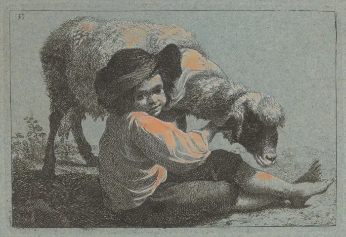 Framed Print : Seated Peasant Boy Holding a Sheep. Creator: Francesco Londonio Framed Print : Seated Peasant Boy Holding a Sheep. Creator: Francesco Londonio