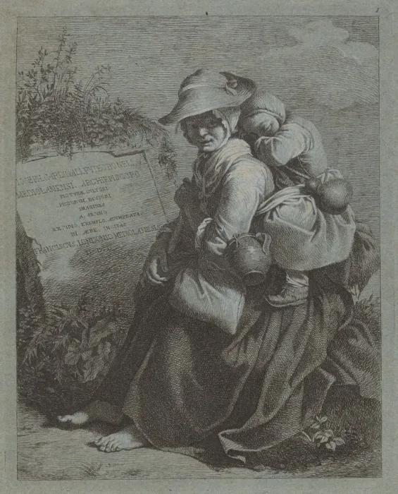 Framed Print : Seated Peasant Woman with Sleeping Child, 1758  /  1759. Creator: Francesco Londonio