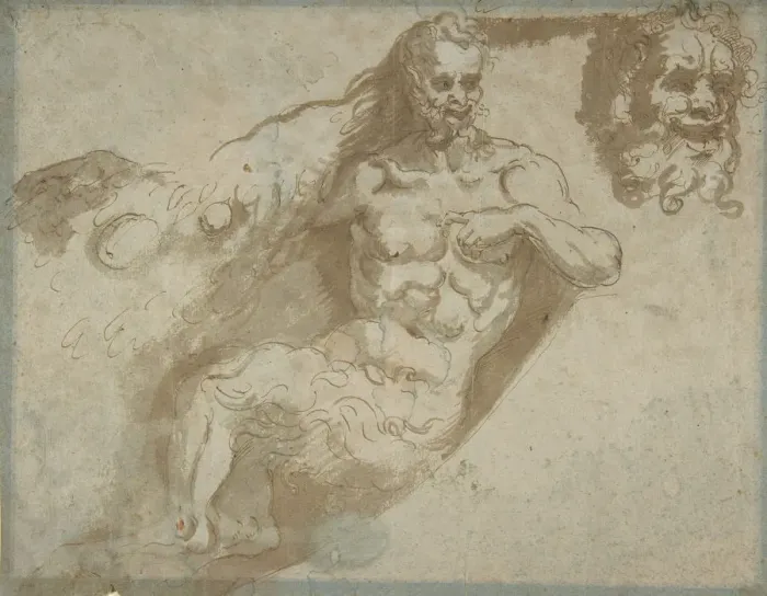 Framed Print : Seated satyr, with enlarged head of same (recto); head of a woman (verso), 1527-96 Framed Print : Seated satyr, with enlarged head of same (recto); head of a woman (verso), 1527-96