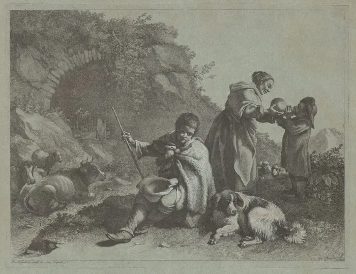 Framed Print : Seated Shepherd Boy and Woman Giving a Drink to a Child, 1759 / 1782 Framed Print : Seated Shepherd Boy and Woman Giving a Drink to a Child, 1759 / 1782