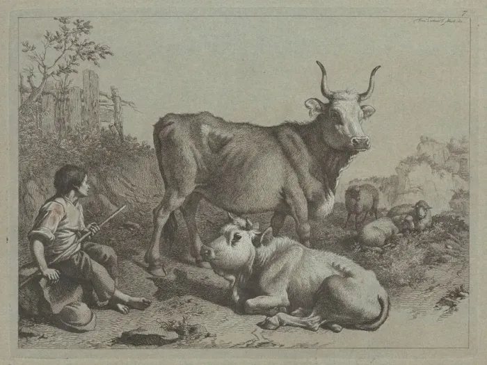Framed Print : Seated Shepherd with a Bull and Bullock, 1763. Creator: Francesco Londonio Framed Print : Seated Shepherd with a Bull and Bullock, 1763. Creator: Francesco Londonio