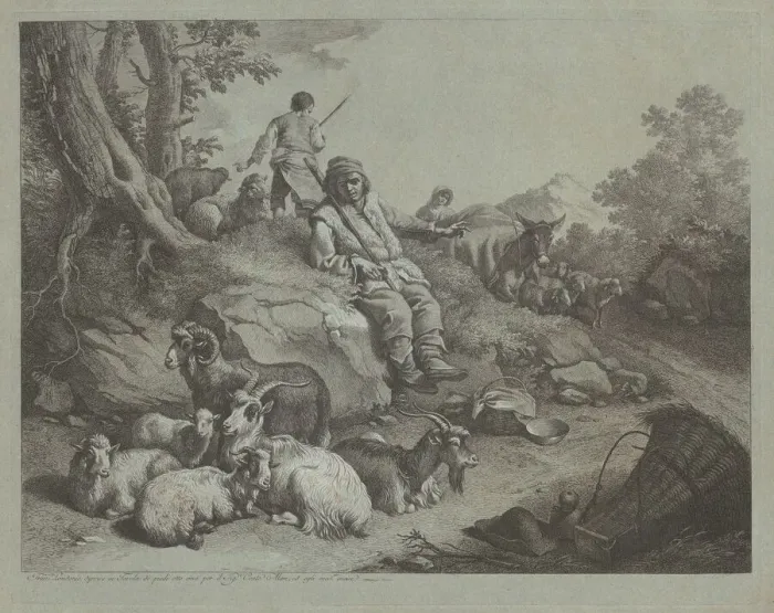 Framed Print : Seated Shepherd before a Flock of Goats, after 1766. Creator: Francesco Londonio Framed Print : Seated Shepherd before a Flock of Goats, after 1766. Creator: Francesco Londonio
